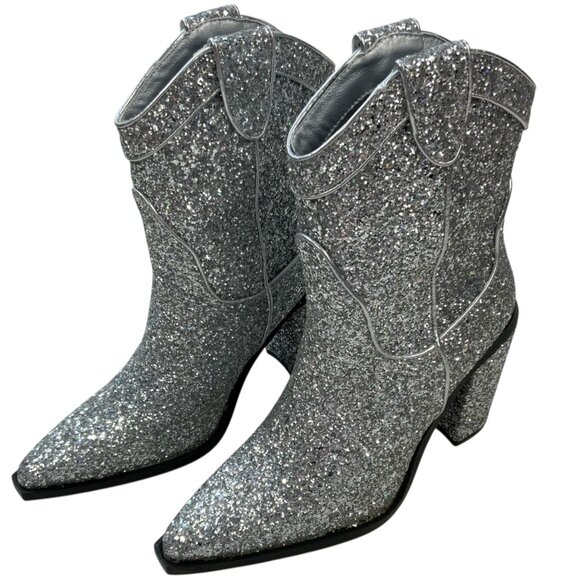 Dolls Kill Trickz N' Treatz Glitter Diva Deputy Cowboy Boots 9 Silver Cowgirl - Picture 3 of 15